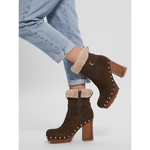 Guess Women’s Leather Green Suede Booties Faux Fur & Studded Block Heel Size 9 - Picture 2 of 9